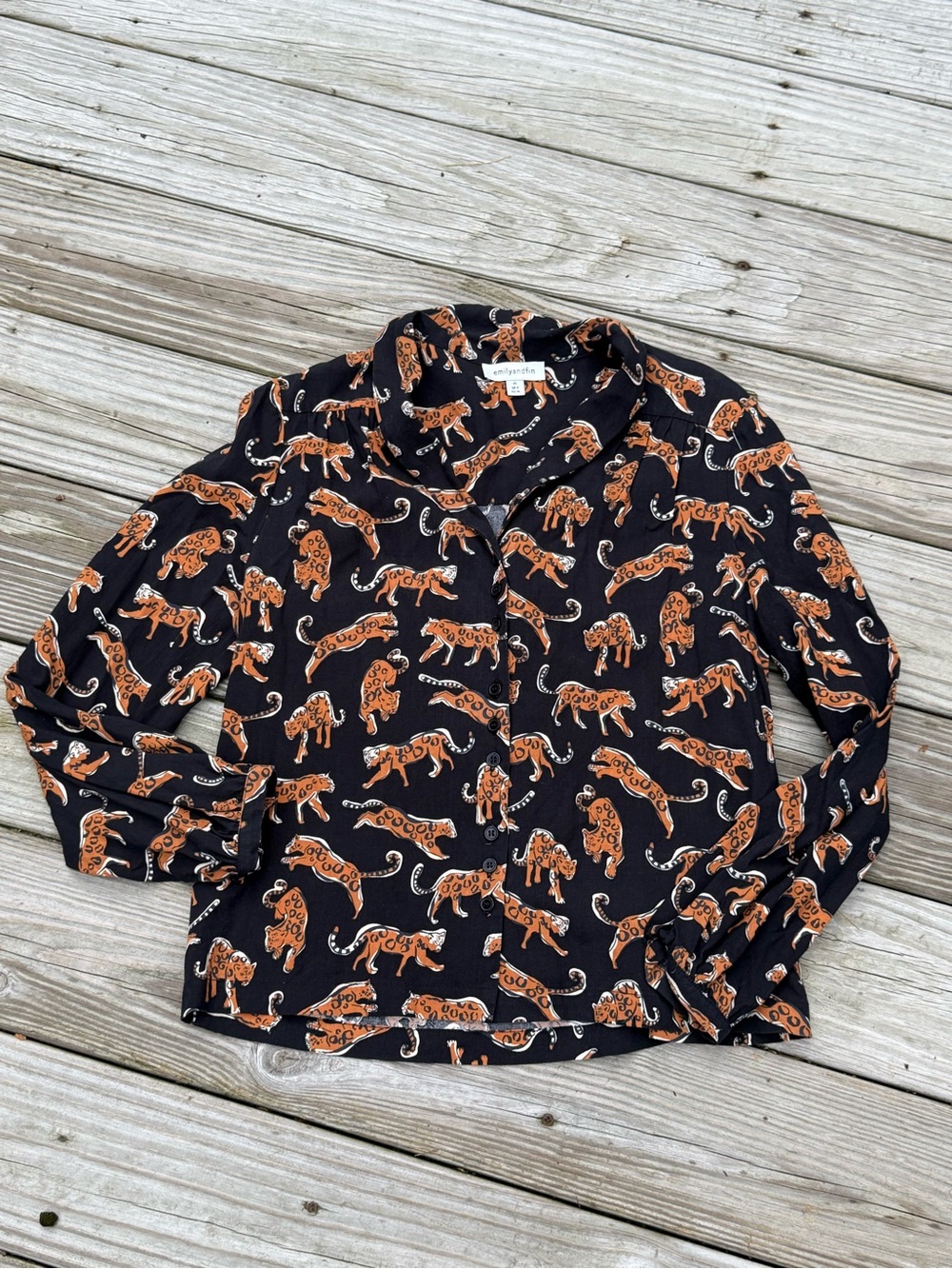 Emilyandfin Long-Sleeve Black Shirt with Orange Leopard Print x small